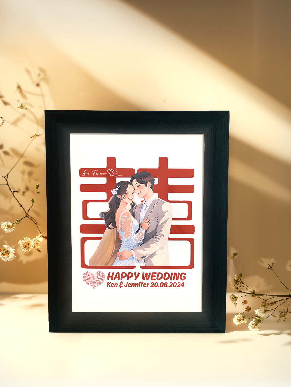 Custom Couple Comic Chinese Wedding Portrait Photo Light Frame