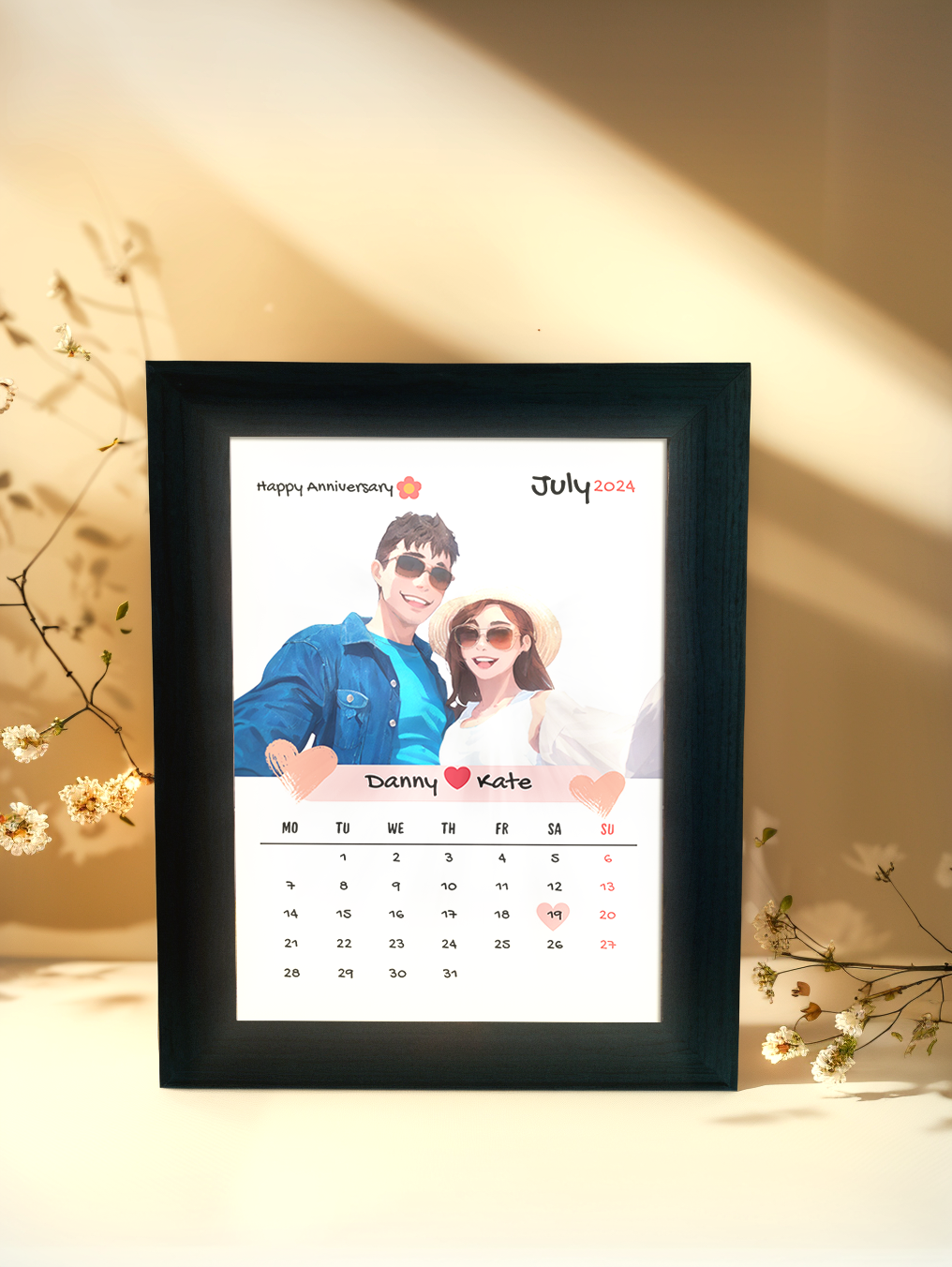 Romantic Comic Calendar Couple Photo Light Frame