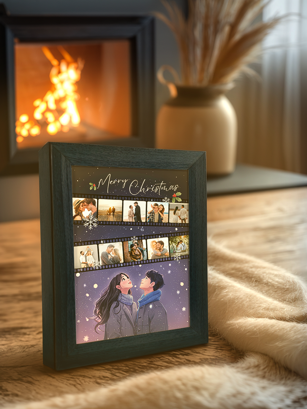 Christmas Gift Romantic Snow Couple Photo Light Frame