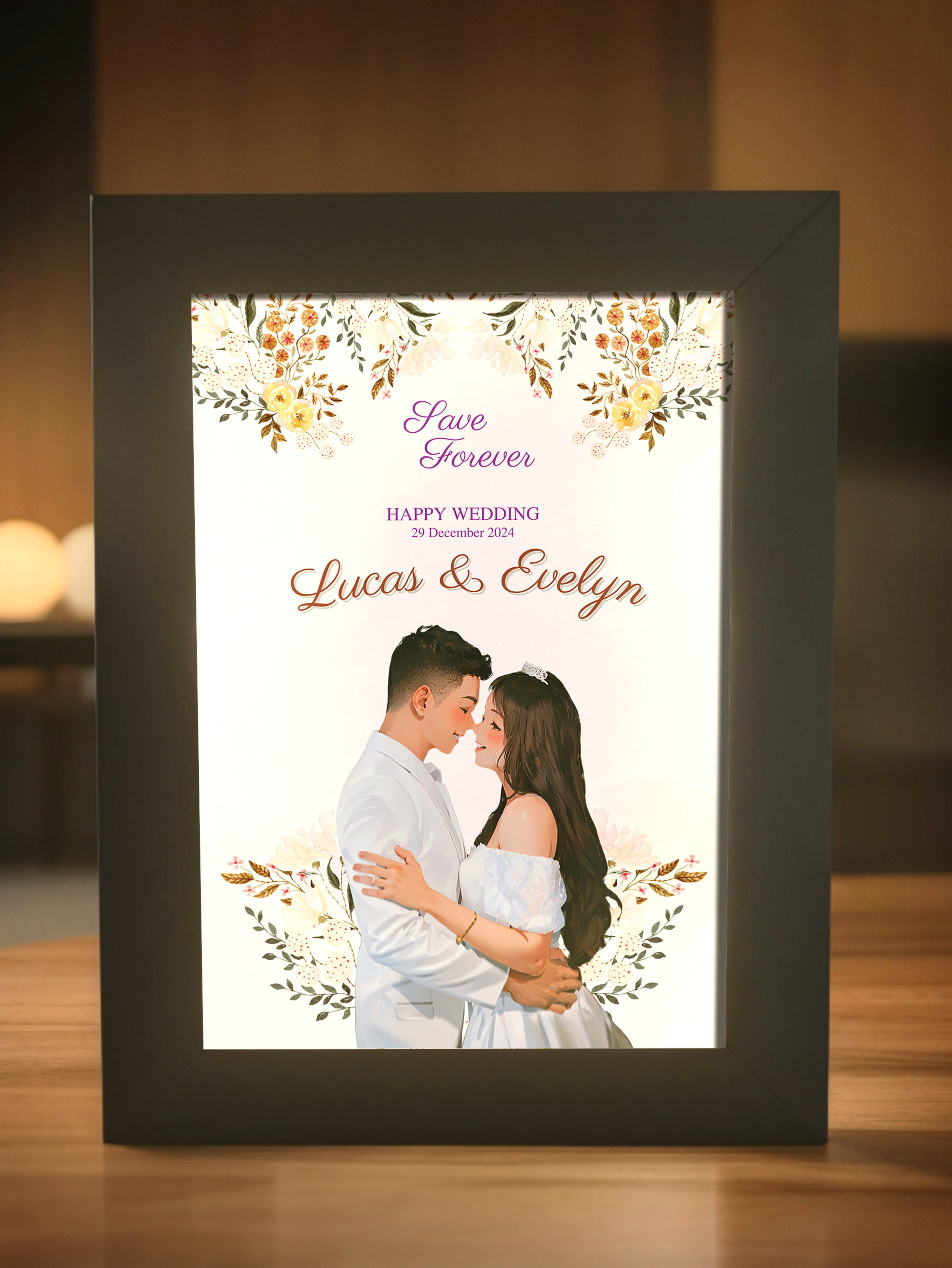 Custom Invitation Style Comic Couple Wedding Photo Light Frame