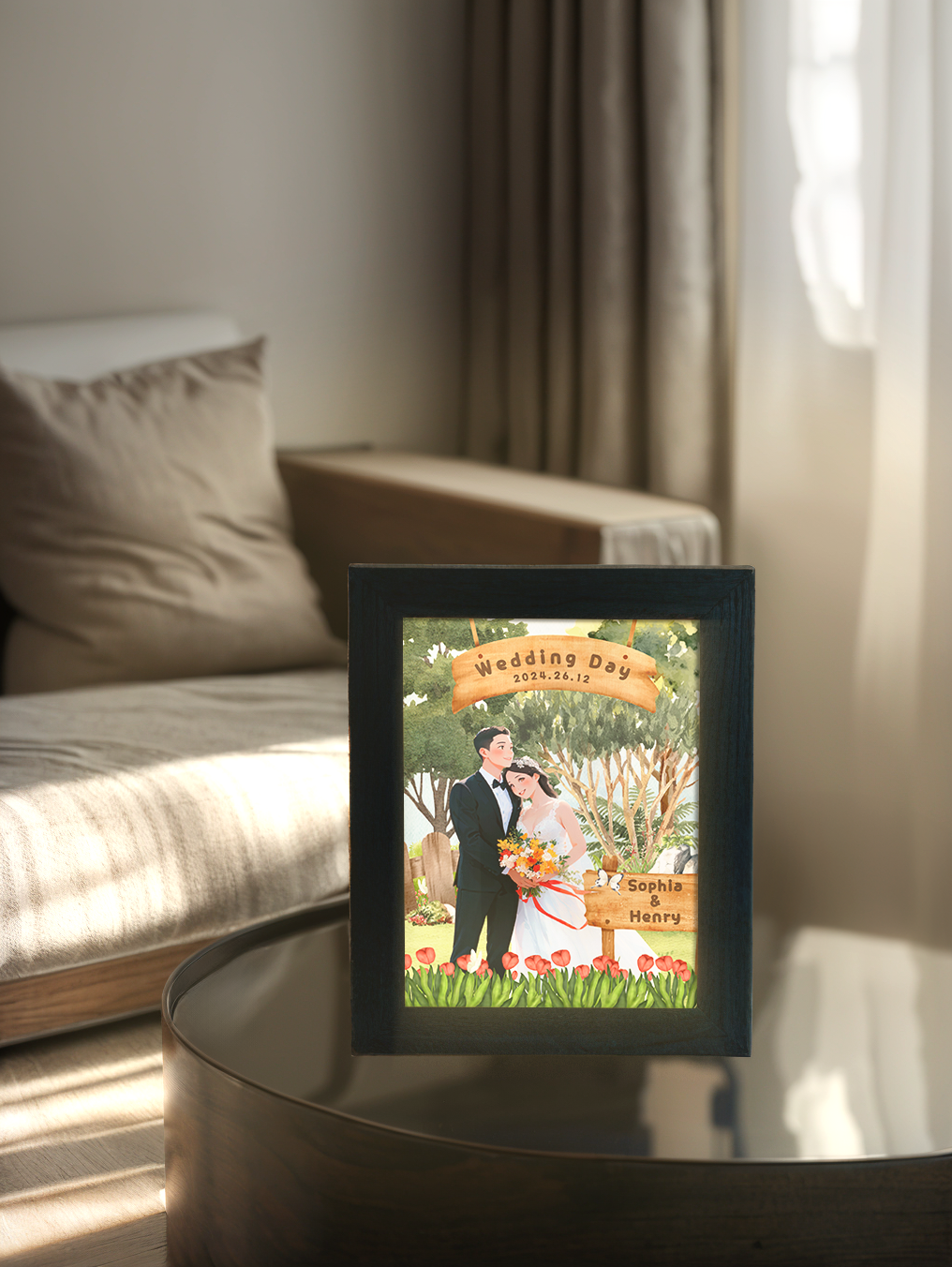 Custom Comic Couple Wedding Photo Light Frame