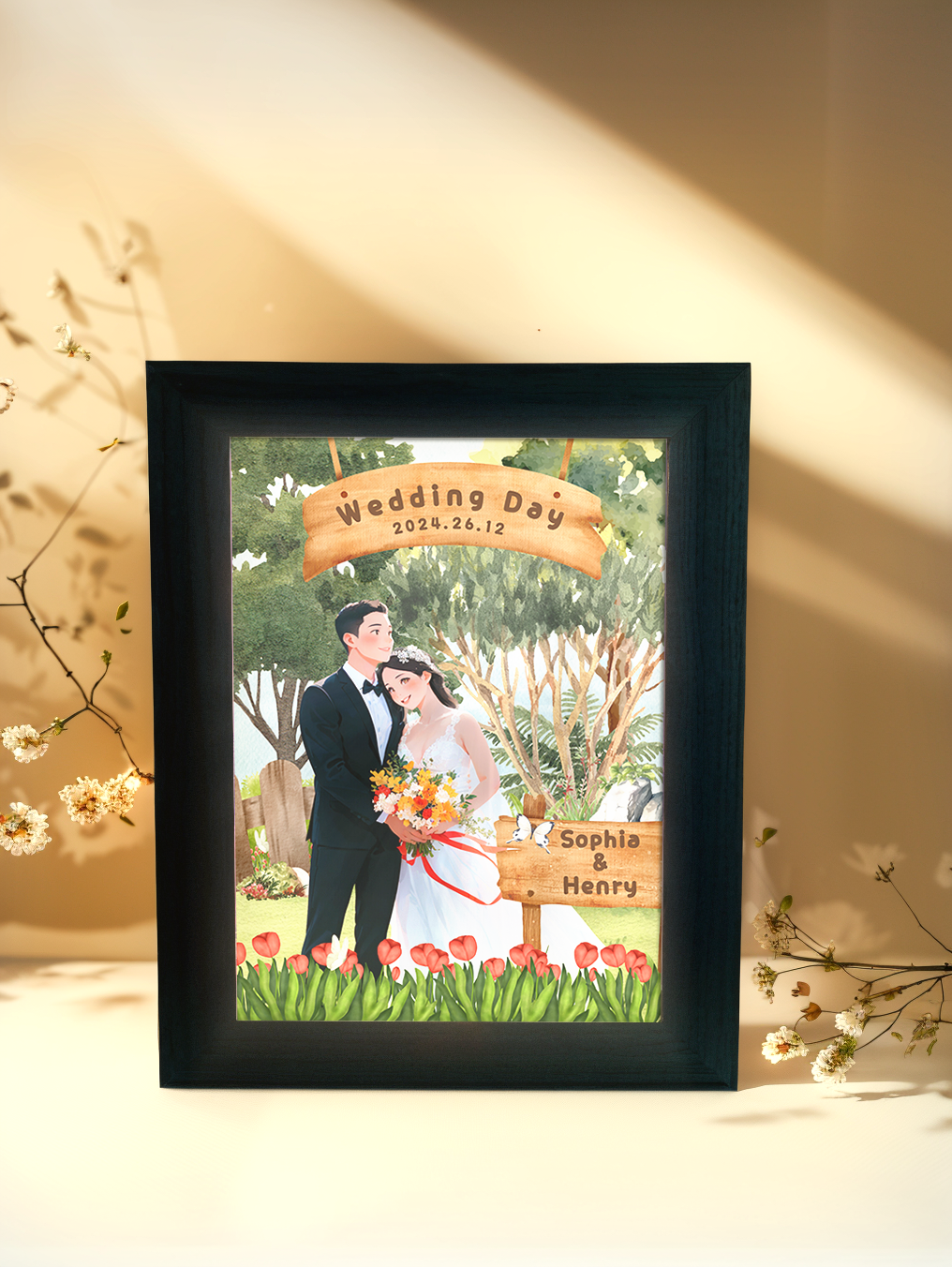 Custom Comic Couple Wedding Photo Light Frame