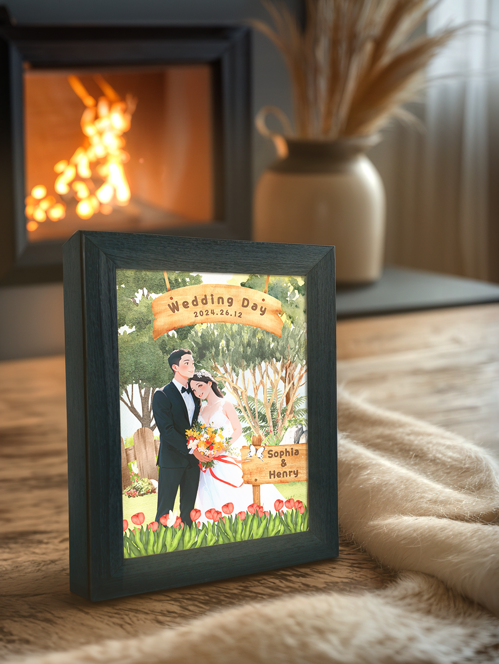 Custom Comic Couple Wedding Photo Light Frame