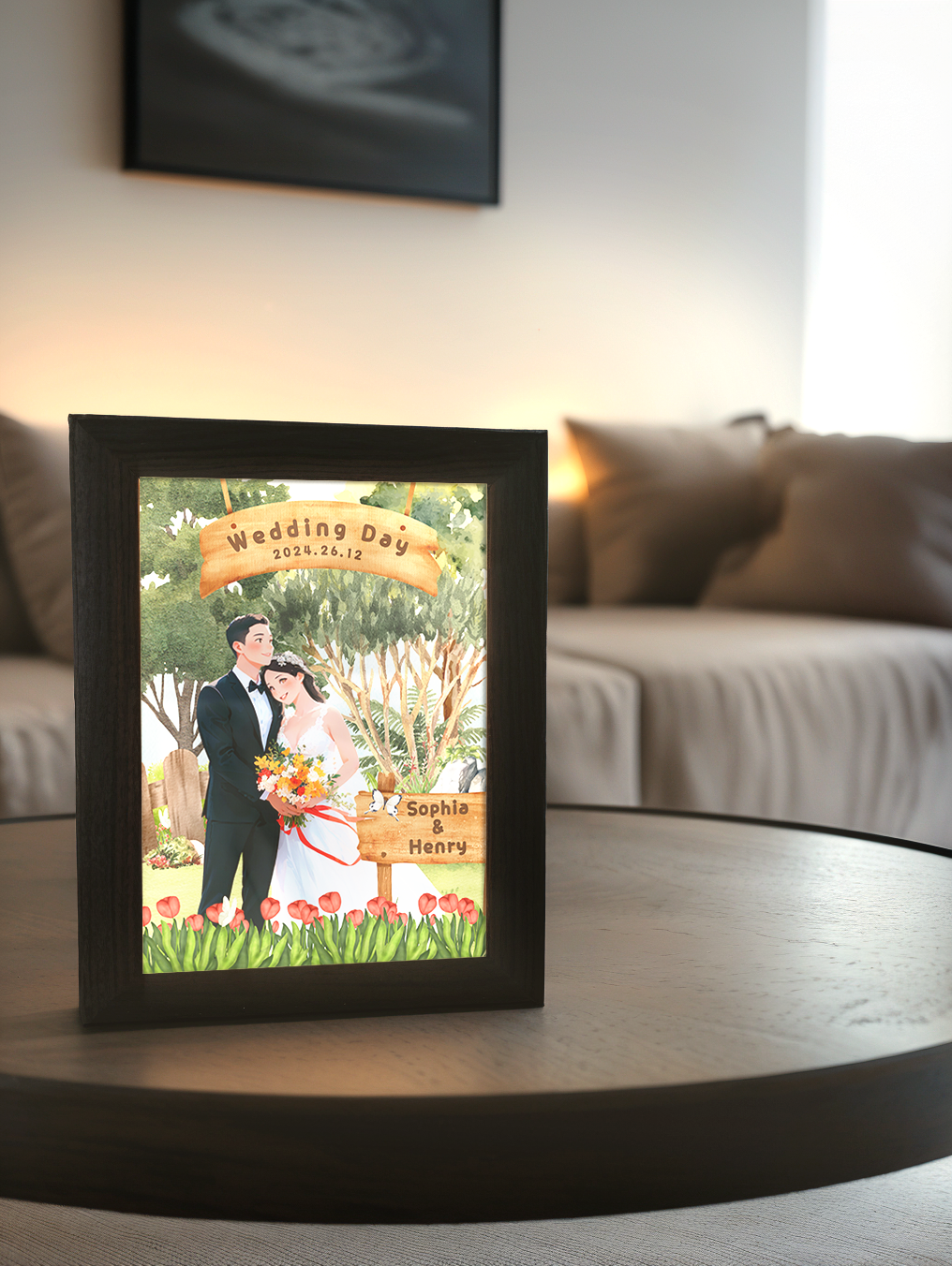 Custom Comic Couple Wedding Photo Light Frame