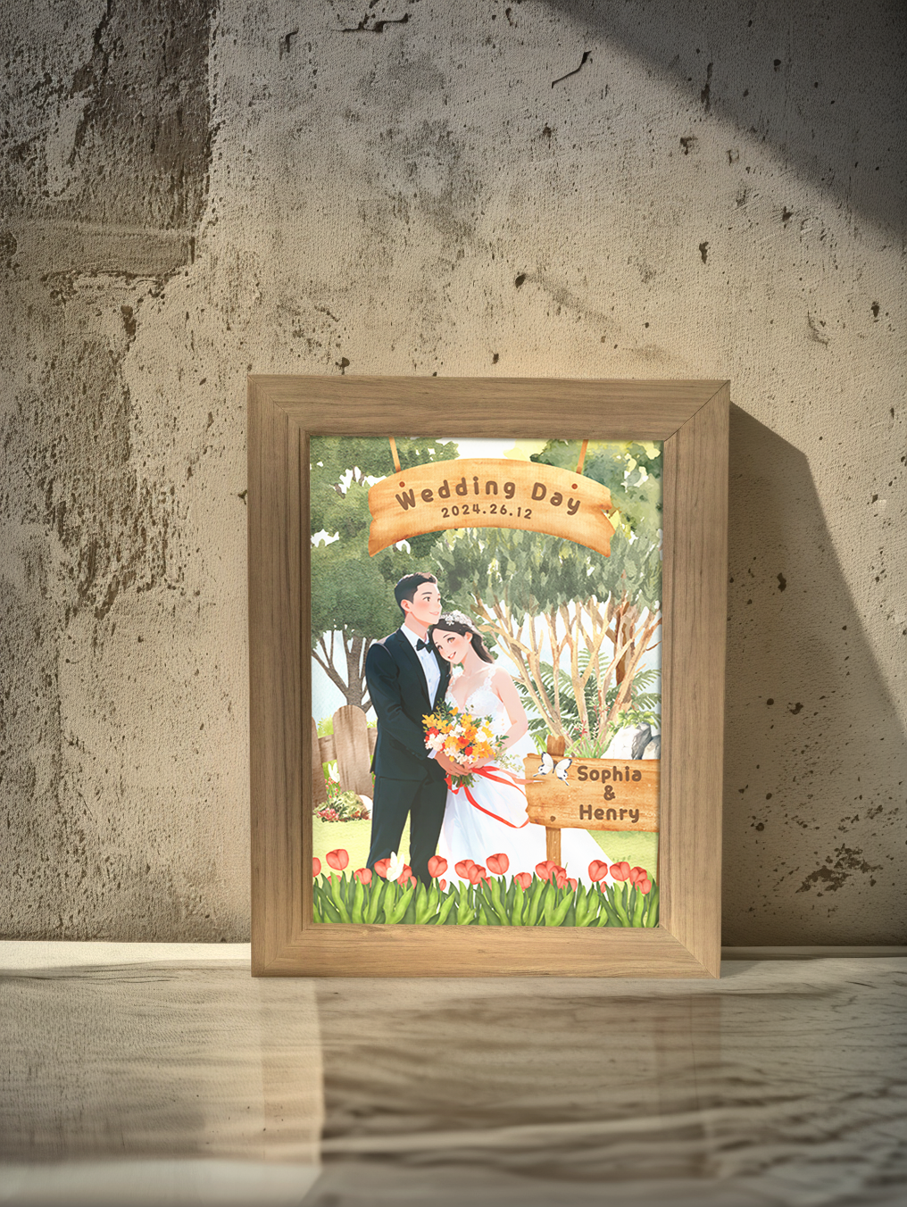 Custom Comic Couple Wedding Photo Light Frame