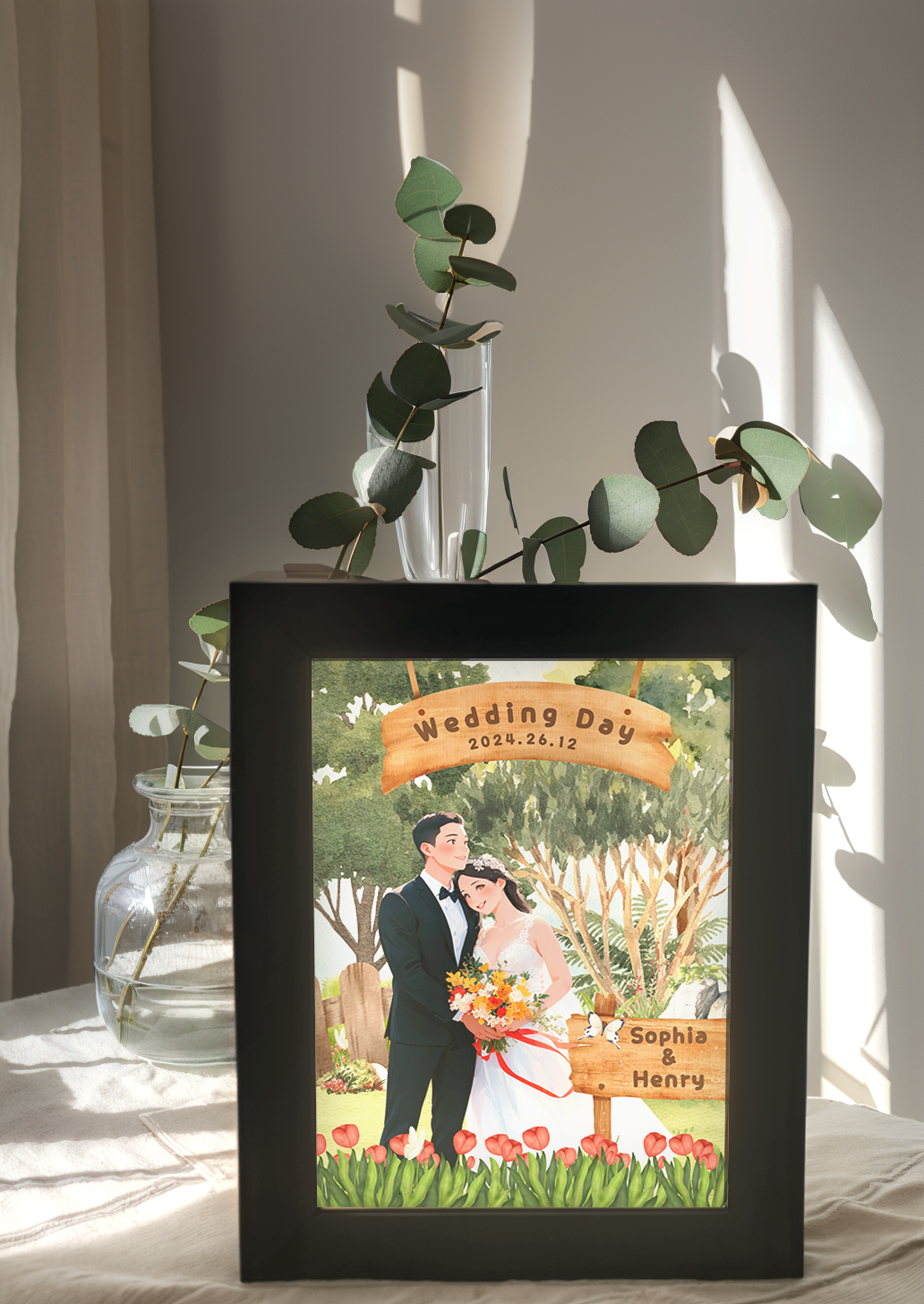 Custom Comic Couple Wedding Photo Light Frame