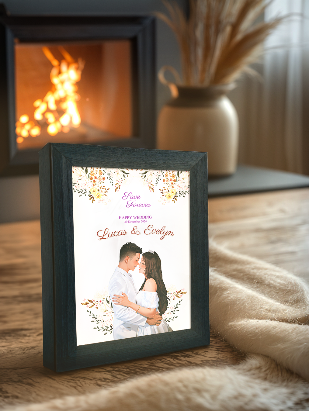 Custom Invitation Style Comic Couple Wedding Photo Light Frame