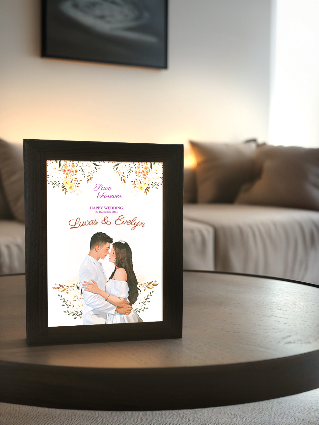 Custom Invitation Style Comic Couple Wedding Photo Light Frame