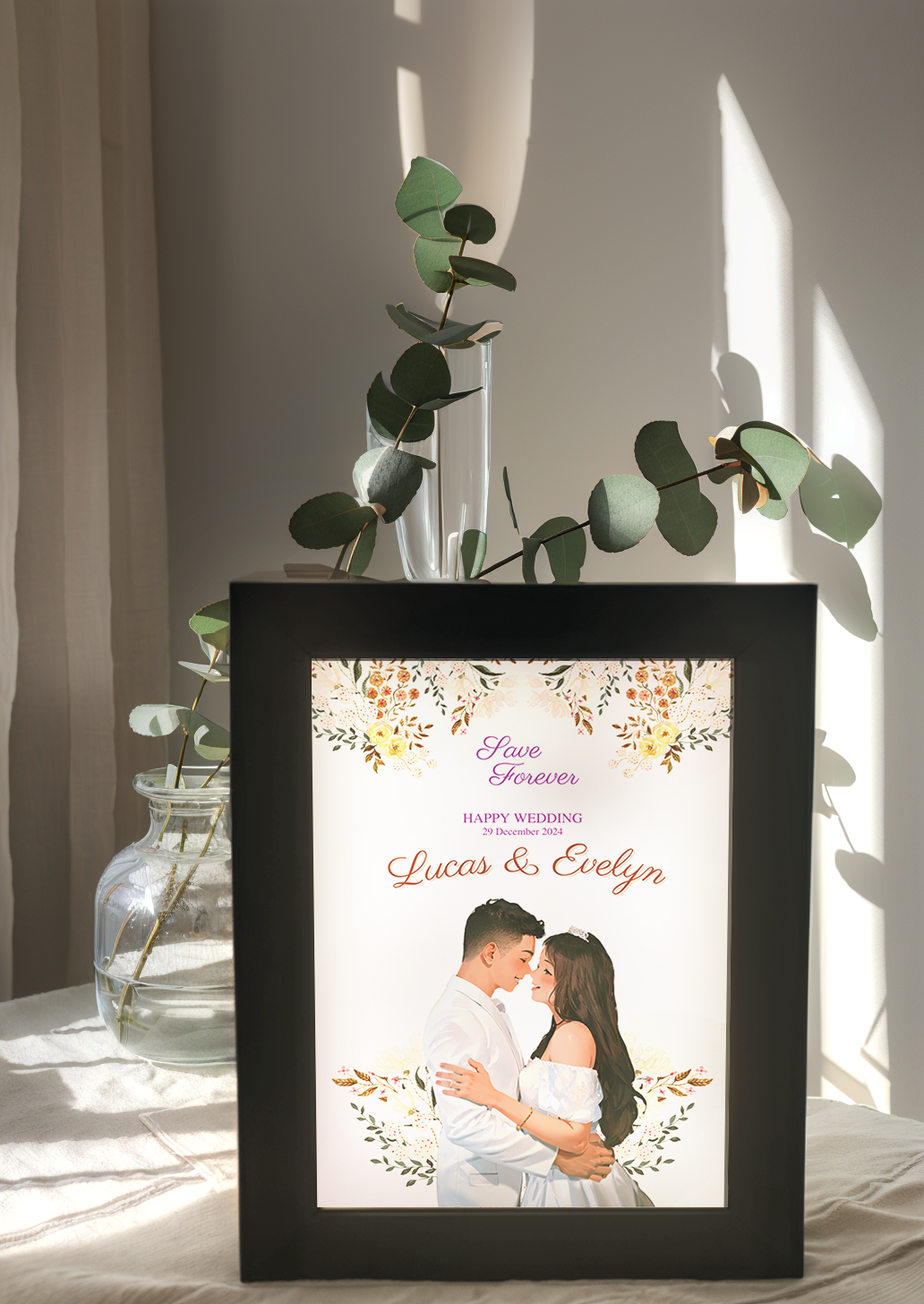 Custom Invitation Style Comic Couple Wedding Photo Light Frame