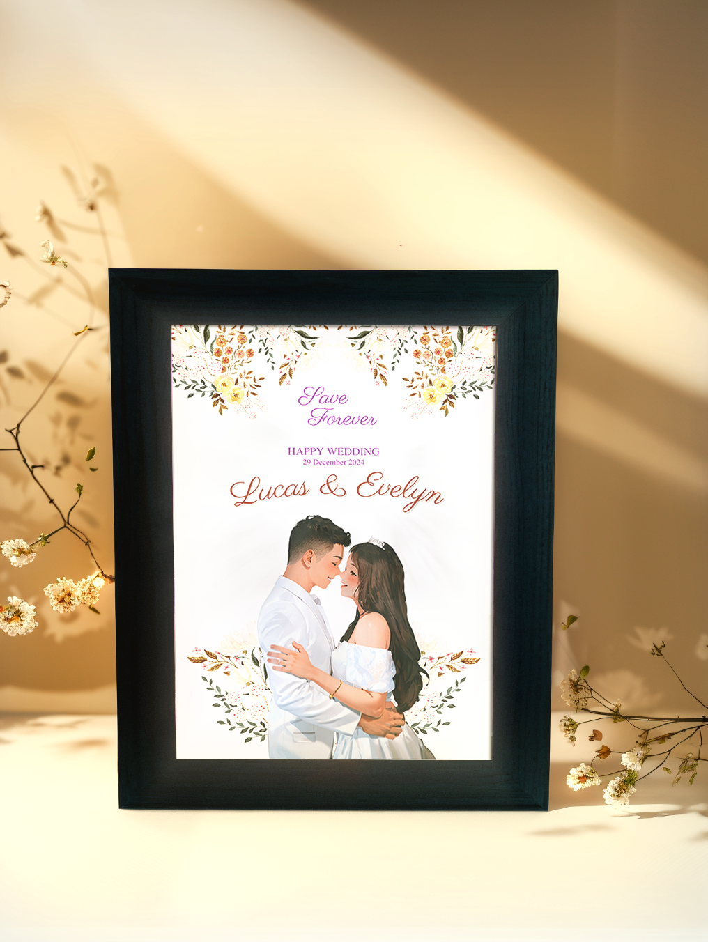 Custom Invitation Style Comic Couple Wedding Photo Light Frame