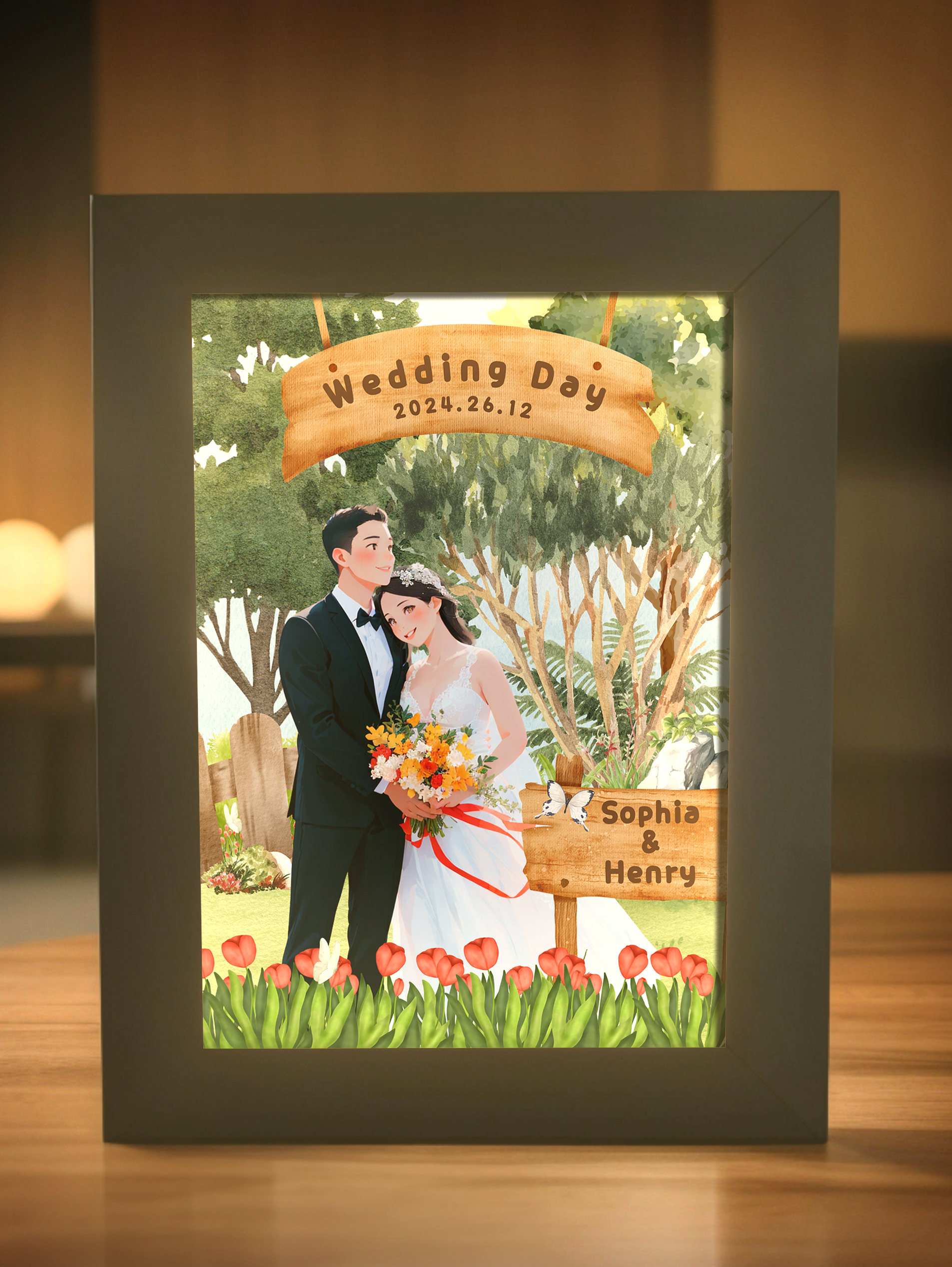 Custom Comic Couple Wedding Photo Light Frame