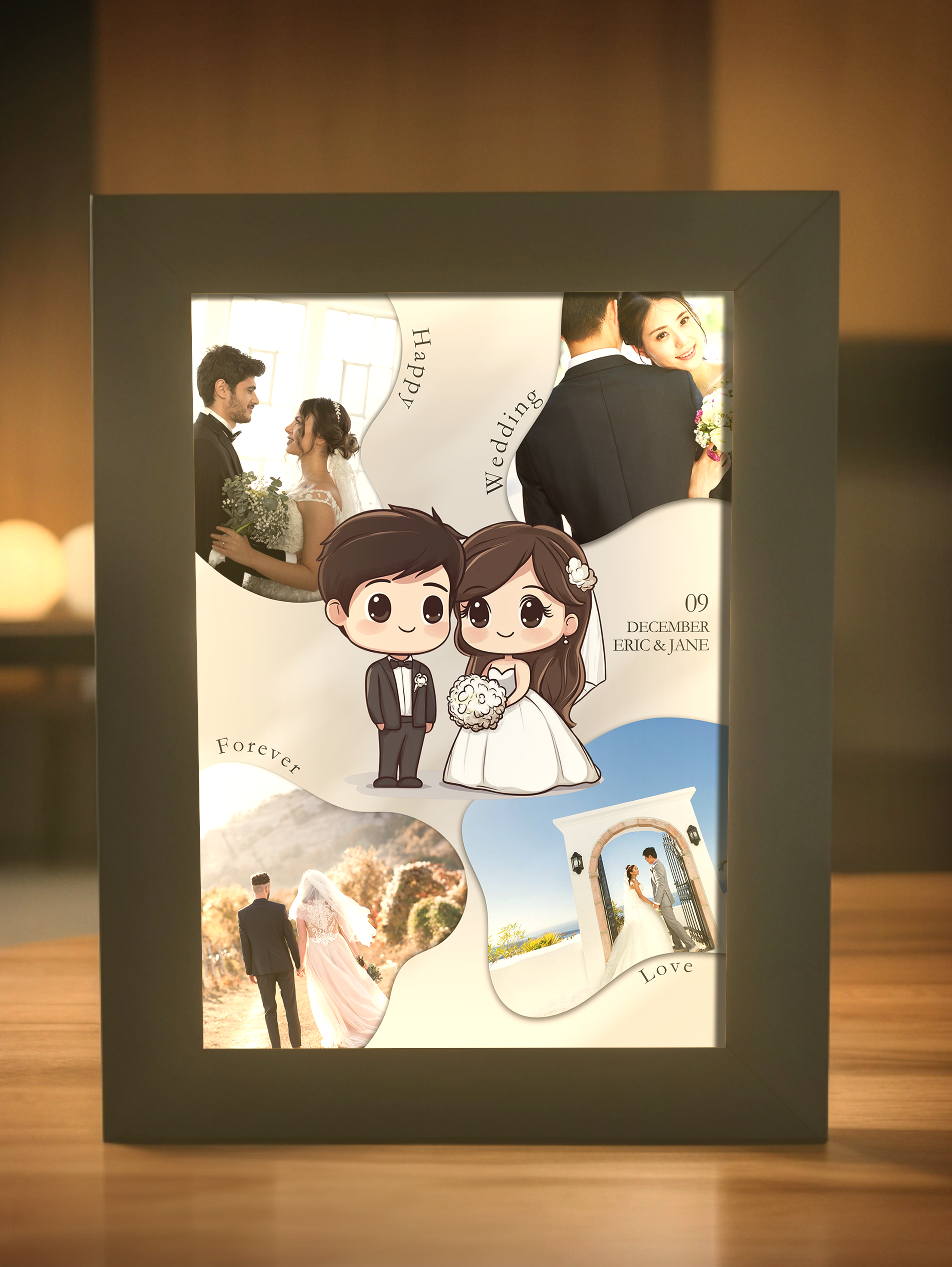 Modern Wedding Couple Cartoon Photo Light Frame