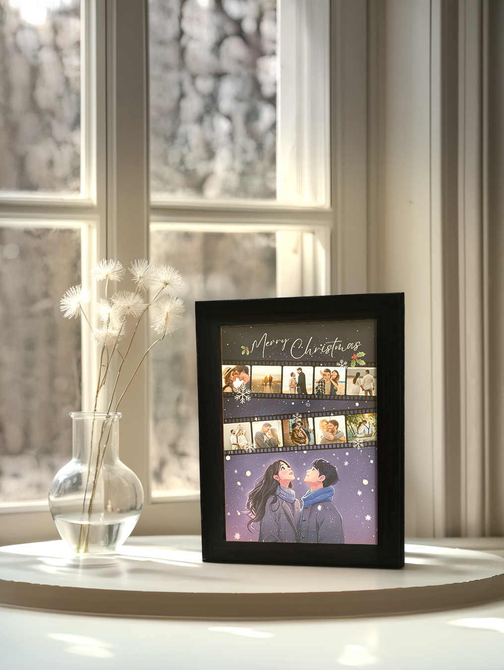 Christmas Gift Romantic Snow Couple Photo Light Frame