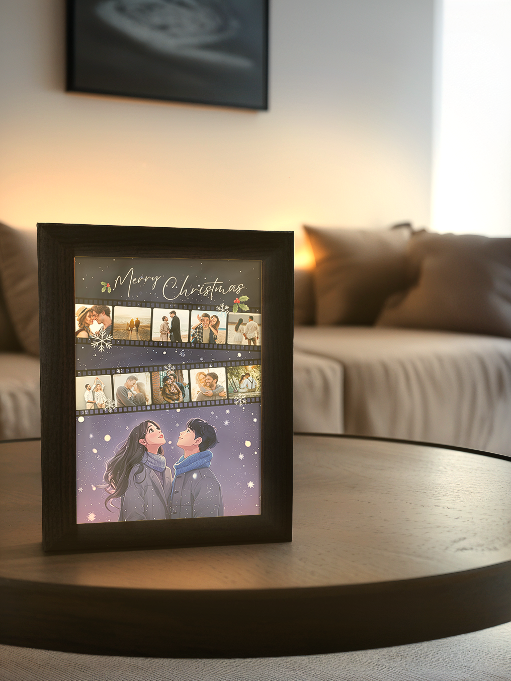 Christmas Gift Romantic Snow Couple Photo Light Frame