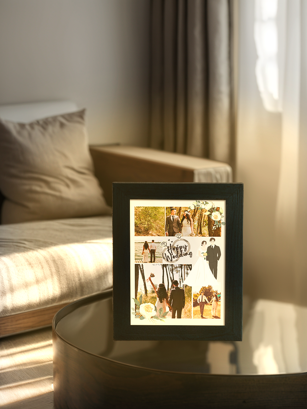 Happy Wedding Couple Photo Light Frame - Custom Ambience Light Frame