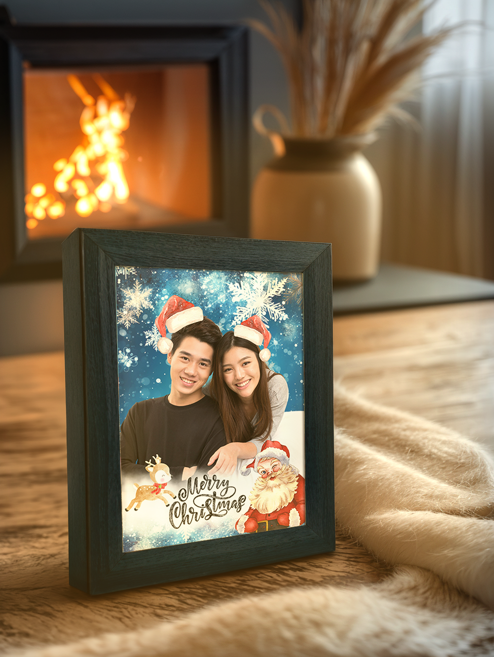 Christmas Gift Couple Christmas Hats Photo Light Frame