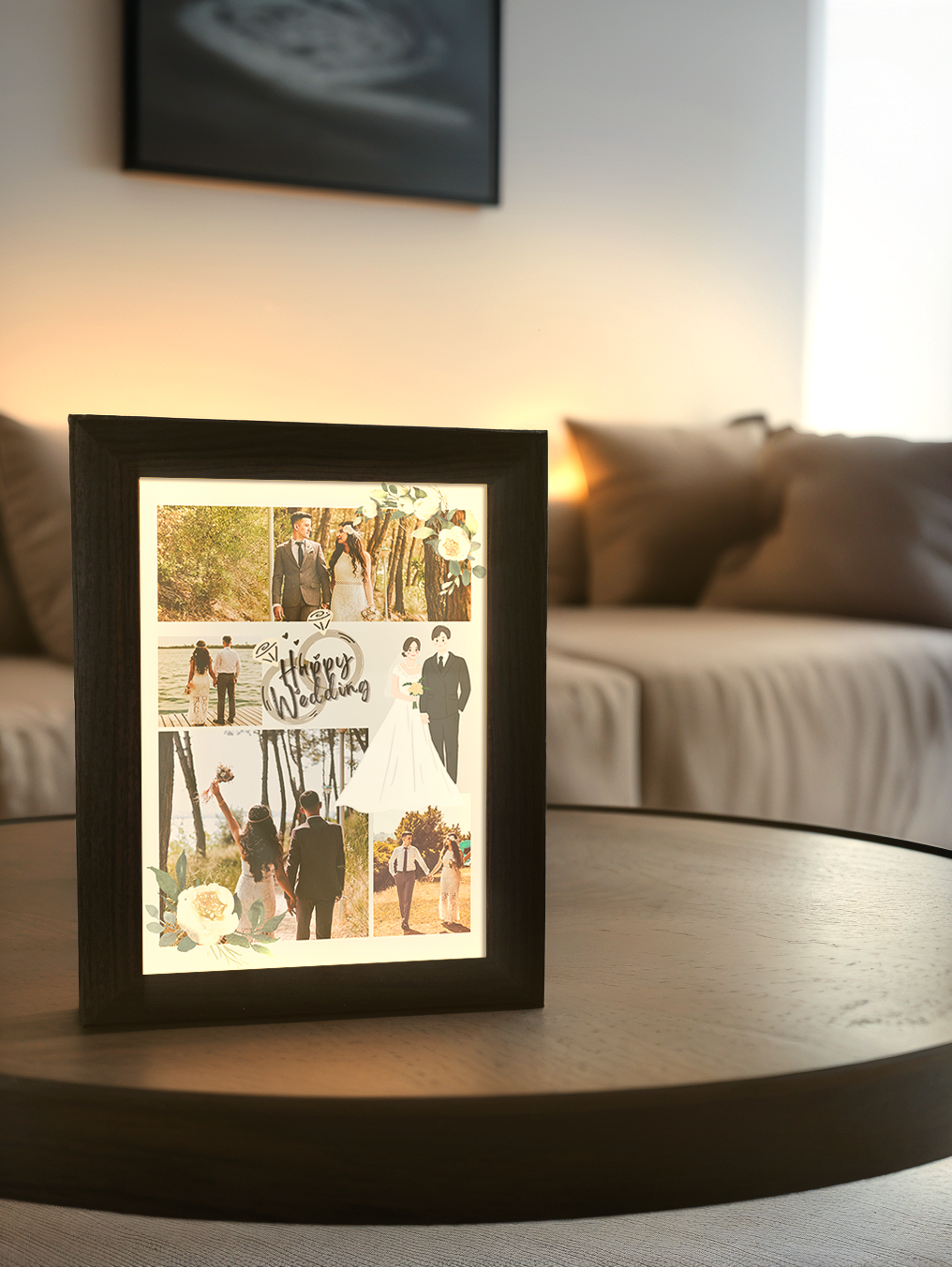 Happy Wedding Couple Photo Light Frame - Custom Ambience Light Frame