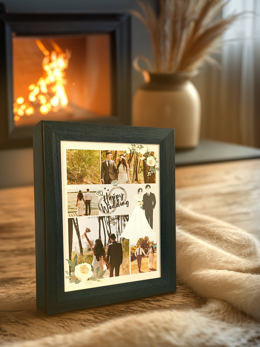 Happy Wedding Couple Photo Light Frame - Custom Ambience Light Frame